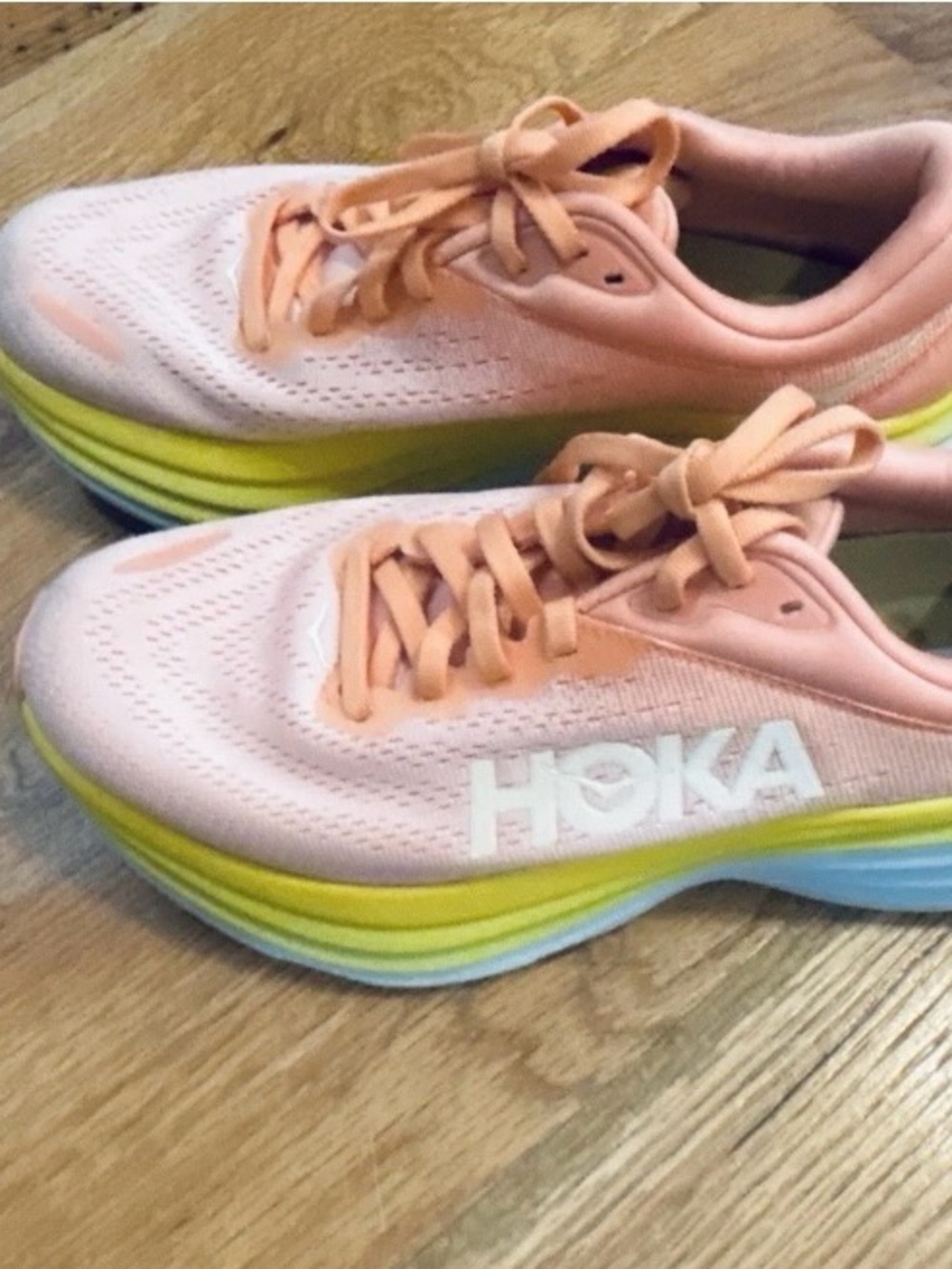 Hoka Women's Peach and Lime Running Shoes - Picture 3 of 5